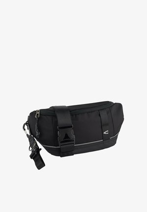 Sort stof talje taske med en struktureret form, der har en lynlåst top, justerbar rem og reflekterende detaljer for synlighed.