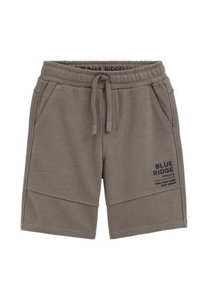 Barna, elasztikus derékpántos rövidnadrág húzózsinórral, elülső zsebekkel, varrási részletekkel és a jobb lábszáron "Blue Ridge Athletic Own Your Game Stay Ahead" felirattal.