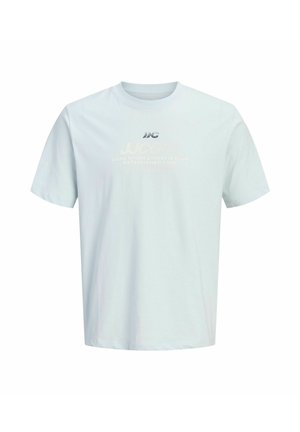 Light blue short-sleeve crew neck T-shirt with faint white text and logo centered on the chest.