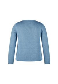Himmelblauer, langärmeliger Strickpullover mit strukturiertem Finish, Rundhalsausschnitt und ohne sichtbare Beschläge oder Verzierungen.