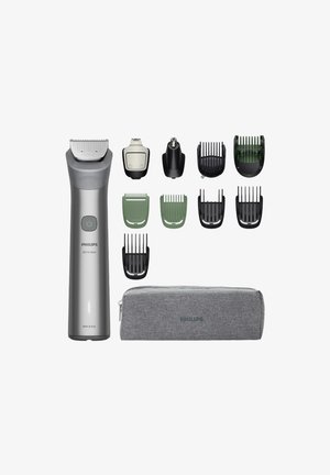 Philips alles-in-één trimmer in grijs met zwarte en groene kammen, gedetailleerde messen en een grijze stoffen opbergtas. Verschillende verzorgingsaccessoires inbegrepen.