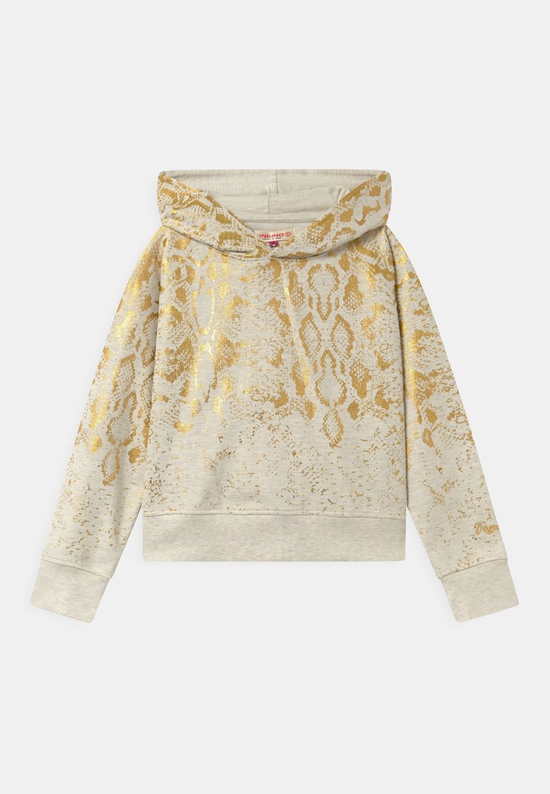 Sweat à capuche beige à manches longues avec un motif serpent métallique doré sur tout le tissu.