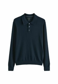 Tumesinise pika varrukaga polo särk, mis on valmistatud kudumiskangast, kaelusega, kolme nööbiga ja sirge allääriga, millel on soonikkoes mansetid.