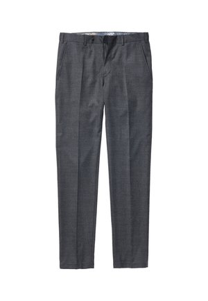 Dark gray men's dress pants with a slim fit, front button and zipper closure, side pockets, and visible crease down each leg.