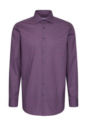 Chemise violette à manches longues avec un petit motif géométrique et un col pointu, présentée sur un fond blanc.