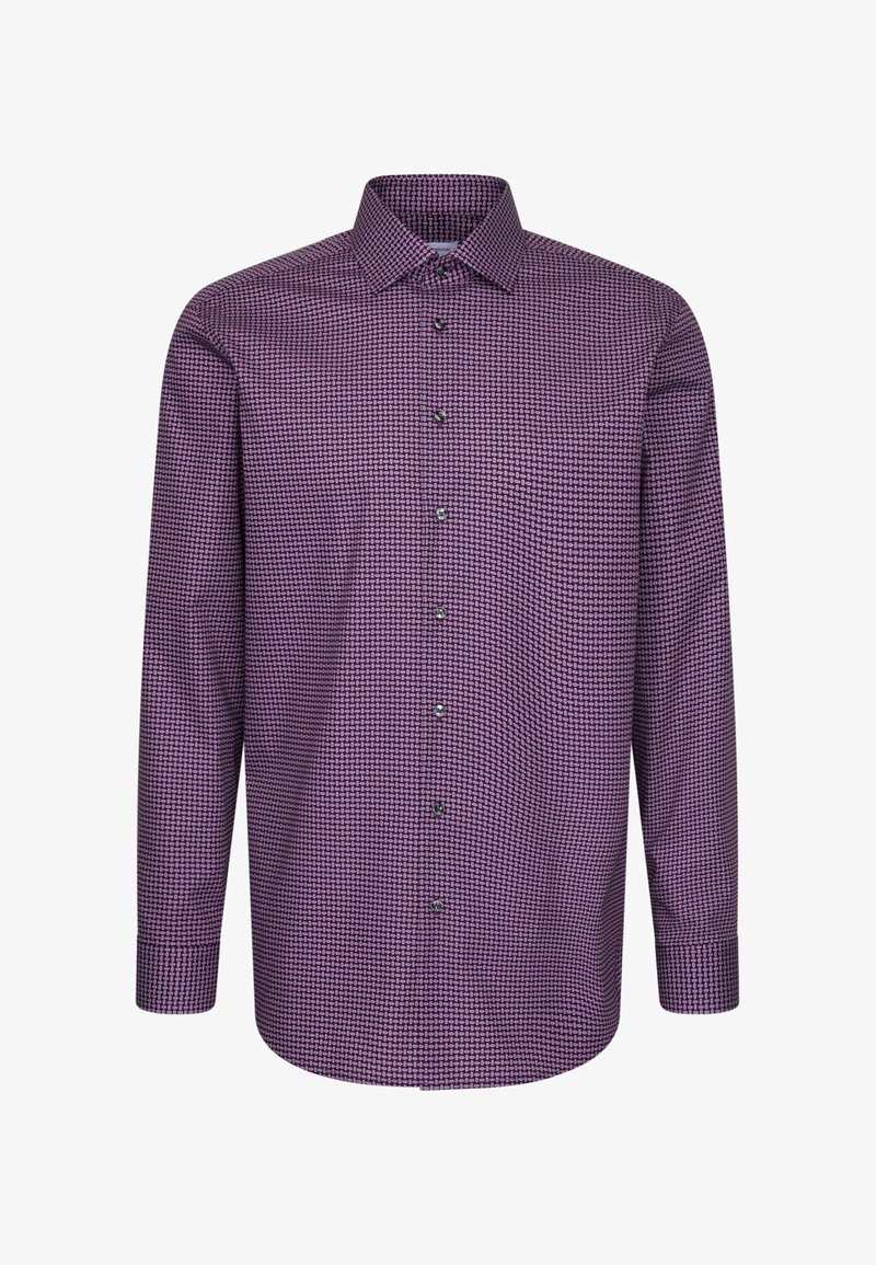 Chemise violette à manches longues avec un petit motif géométrique et un col pointu, présentée sur un fond blanc.