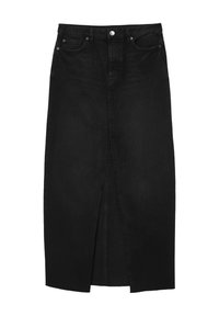 Gonna in denim nero con taglio dritto, spacco frontale e classico design a cinque tasche. Presenta una chiusura con bottone e zip in vita.