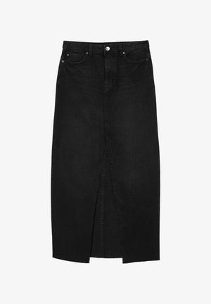 Black denim skirt with a straight cut, front slit, and classic five-pocket design. Features a button and zipper closure at the waist.