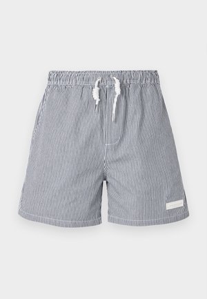 Gestreepte zwemboxers in marineblauw en wit. Gemaakt van lichtgewicht materiaal met een elastische tailleband, een trekkoordsluiting en zijzakken.