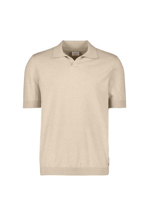Beige gebreid poloshirt met korte mouwen, voorzien van een geribde kraag, manchetten en zoom, met een kleine V-insnijding bij de halslijn.