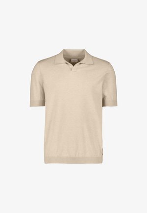 Beige short-sleeve knit polo shirt with a ribbed collar, cuffs, and hem, featuring a small V-notch at the neckline.