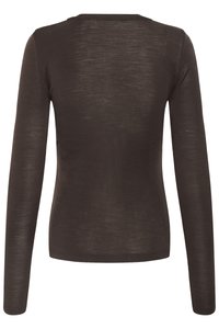 Brown long-sleeve fitted top with subtle sheer texture, displayed from the back on a white background.