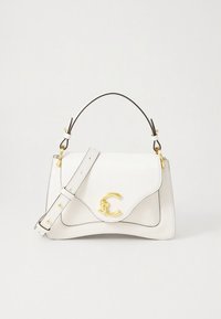 White leather handbag with a flap design, gold hardware, and a signature C logo. It features a removable shoulder strap and a structured shape.