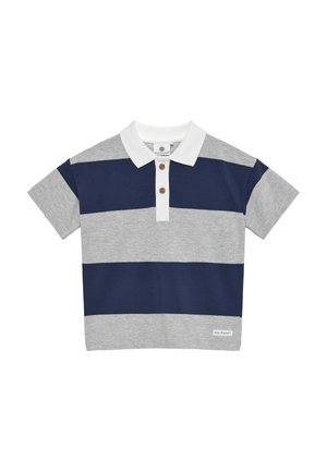 Grijs- en marineblauw gestreept poloshirt met korte mouwen, witte kraag en drie bruine knopen op de gulp. Label aan de onderkant genaaid.