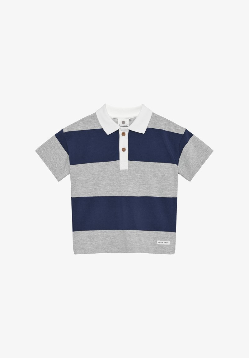 Koszulka polo w szare i granatowe paski, z krótkimi rękawami, białym kołnierzykiem i trzema brązowymi guzikami przy plisie. Metka wszyta na dole.