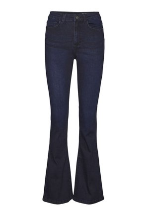 Dark blue flared denim jeans with a high waist, featuring five pockets and subtle stitching details. Smooth texture with a classic design.