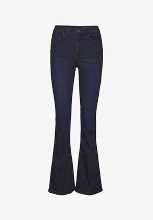 Dark blue flared denim jeans with a high waist, featuring five pockets and subtle stitching details. Smooth texture with a classic design.