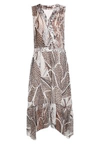 Robe midi sans manches avec ourlet superposé en forme de mouchoir et motif abstrait de feuilles marron et beige sur tissu léger.