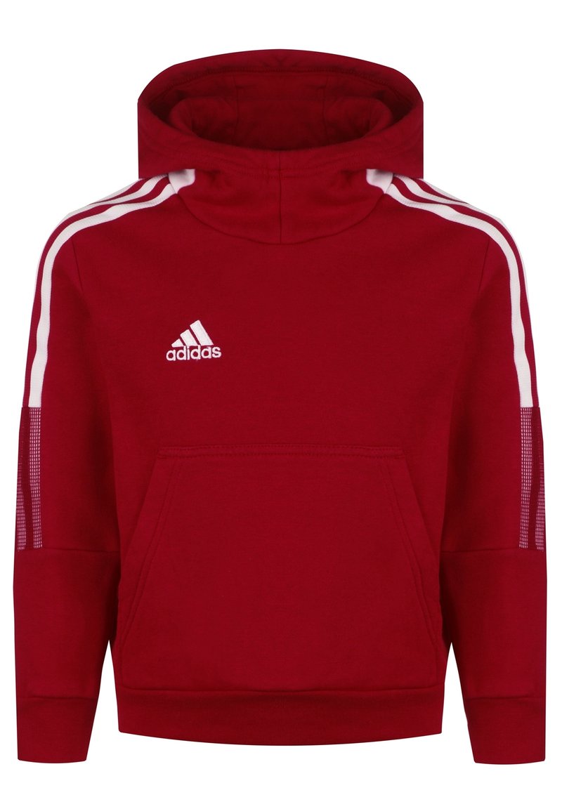 Rød hættetrøje med høj krave, hvide sidelister, forlommer og broderet logo. Fremstillet af blødt stof med ribstrikkede manchetter.