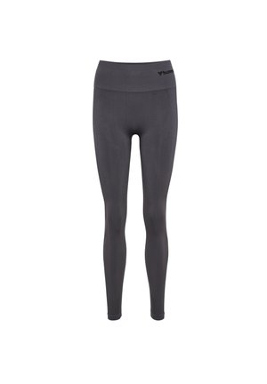 Grijze high-waisted leggings van rekbaar materiaal, met een gladde textuur en een subtiele merklogo op de tailleband.