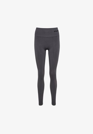 Grijze high-waisted leggings van rekbaar materiaal, met een gladde textuur en een subtiele merklogo op de tailleband.