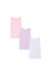 Drie tanktops in lichtroze, lavendel en wit. Elke top heeft een ronde halslijn en is gemaakt van een zachte, ademende stof.