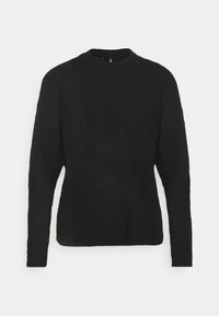 Czarny sweter z długim rękawem, z wysokim kołnierzem i teksturowanym wzorem, charakteryzujący się luźnym krojem i prążkowanymi detalami na całej powierzchni materiału.