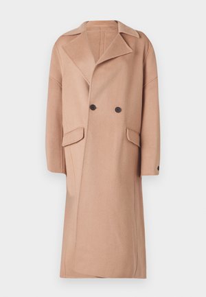 Pikk, topeltkliendiga mantel heles beežist, pehmest villataolisest materjalist. Omab suuri esipDocumentationokke ja tumedaid nuppe. Notšitud krae disain.