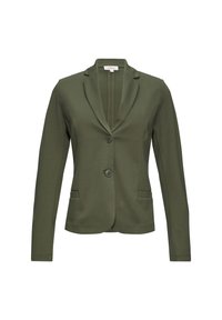 Blazer verde oliva hecho de tela elástica, con solapa de muesca, dos bolsillos frontales y cierre de un solo botón.