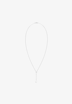 Silberne Halskette mit einer zarten Kette, die zwei sternförmige Akzente aufweist, wobei einer von einer Anhängerkette für zusätzliche Dimension hängt.
