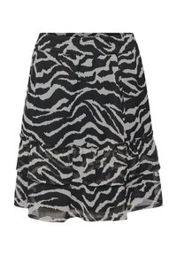 Sorte og hvide zebra-mønstrede nederdel med flæset kant, lavet af letvægtsstof, med elastisk talje og lagdelt design.