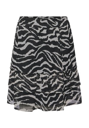 Sorte og hvide zebra-mønstrede nederdel med flæset kant, lavet af letvægtsstof, med elastisk talje og lagdelt design.