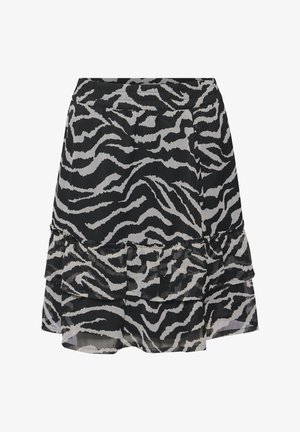 Sorte og hvide zebra-mønstrede nederdel med flæset kant, lavet af letvægtsstof, med elastisk talje og lagdelt design.