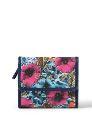 Bloemenportemonnee met een blauwe achtergrond en roze en blauwe bloemen, voorzien van gouden hardware. Gemaakt van synthetisch materiaal met een vouwontwerp.