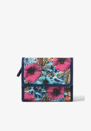 Bloemenportemonnee met een blauwe achtergrond en roze en blauwe bloemen, voorzien van gouden hardware. Gemaakt van synthetisch materiaal met een vouwontwerp.