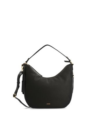 Schwarze Ledertasche in Halbmondform mit kurzem Griff, verstellbarem Schulterriemen, goldfarbenen Beschlägen und kleinem Logo vorne.