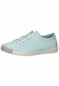 Heledad sinised nahkkingad, millel on tasased paelad, ümar varvas ja hall kummipadjakene, millel on väikesed täpid. Logo kanna peal. Sile tekstuur.