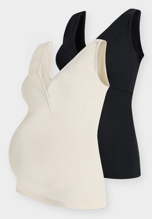 Dve breztežni nosečniški majici, ena bež in ena črna, z globokim V-izrezom in prilegajočo oporo za prsni koš.