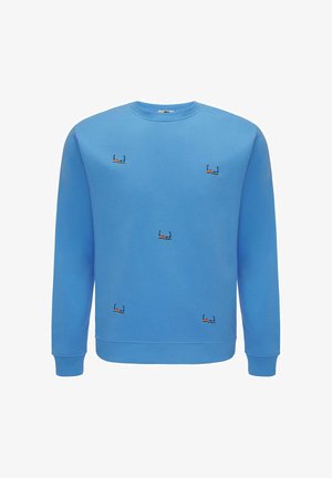 Blaues Sweatshirt mit langen Ärmeln und kleinen, bunten, bestickten Bootsmotiven, die vorne verstreut sind. Gerippte Bündchen und Saum.