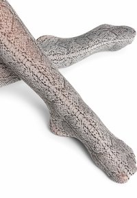 Collant trasparenti con un delicato motivo a pelle di serpente, caratterizzati da una base beige chiaro con accenti marrone scuro e neri, che mettono in risalto la texture e il design.