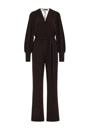 Jumpsuit negro con mangas abullonadas, escote en V y lazo en la parte trasera. Presenta una cintura ajustada y pantalones de pierna ancha. Fabricado en tejido texturizado.