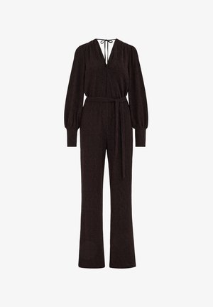 Black jumpsuit with balloon sleeves, V-neckline, and tie at the back. Features a fitted waist and wide-leg pants. Made from textured fabric.