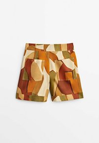 Shorts in a multicolored abstract pattern featuring earthy tones of brown, green, and beige. Includes two back pockets and a straight cut.