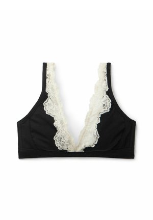 Zwarte bralette met kantafwerking langs de diepe halslijn en zijkanten. Zachte stof, ongevoerde ontwerp, met een geribbelde textuur.