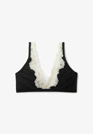 Zwarte bralette met kantafwerking langs de diepe halslijn en zijkanten. Zachte stof, ongevoerde ontwerp, met een geribbelde textuur.
