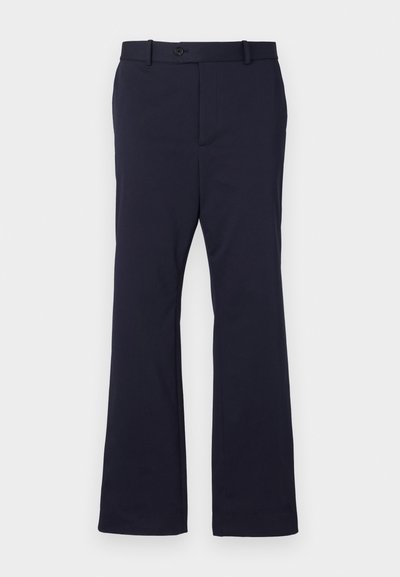 Navy blue trousers made of smooth fabric with a straight leg design, front pockets, and a single button closure at the waist.