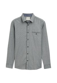 Grau kariertes Langarmhemd mit einer Brusttasche, klassischem Kragen und schwarzen Knöpfen, auf einem weißen Hintergrund präsentiert.