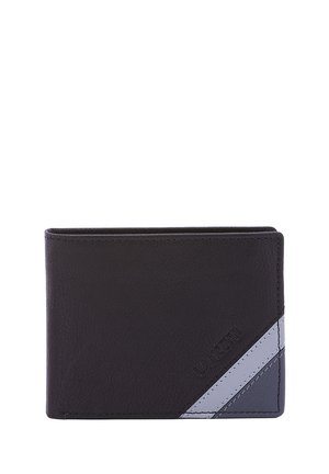 Black leather wallet featuring a diagonal gray and light gray accent with stitching detail and embossed branding on the front.