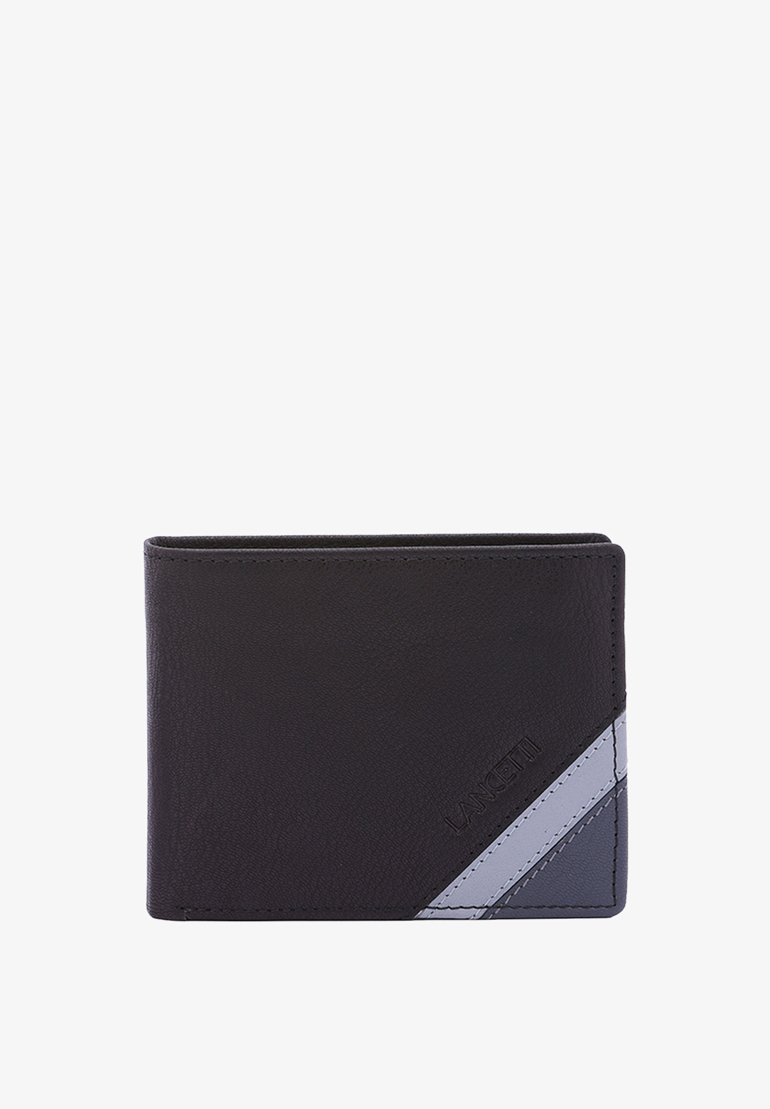 Zwarte leren portemonnee met een diagonale grijze en lichtgrijze accent, stiksels en gegraveerd merklogo aan de voorkant.