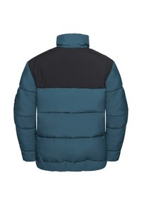Pufferjakke med en teal kropp og svart øvre del. Har høy krage, quiltet tekstur og elastiske ermer.